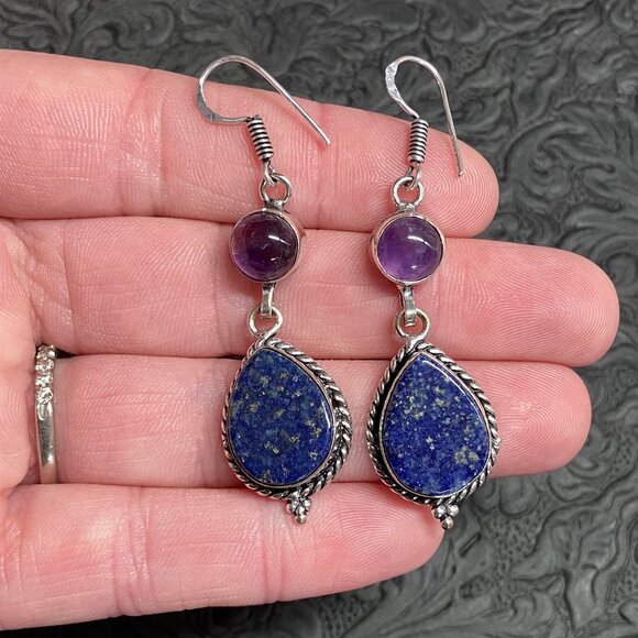 Amethyst and Lapis Lazuli Earrings Stone Crystal Jewelry - Picture 8 of 9
